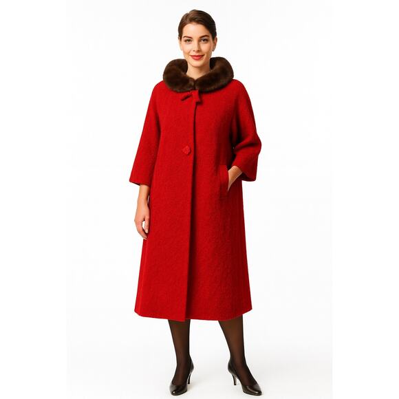 1960s Red Wool Mink Collar Brittany Stroock Full-Length Coat medium - Picture 1 of 17